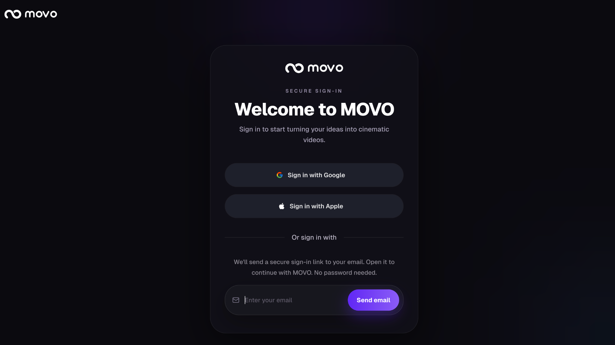 Movo AI (MovoAI) sign-in page — Google and Apple single sign-on buttons for one-click authentication