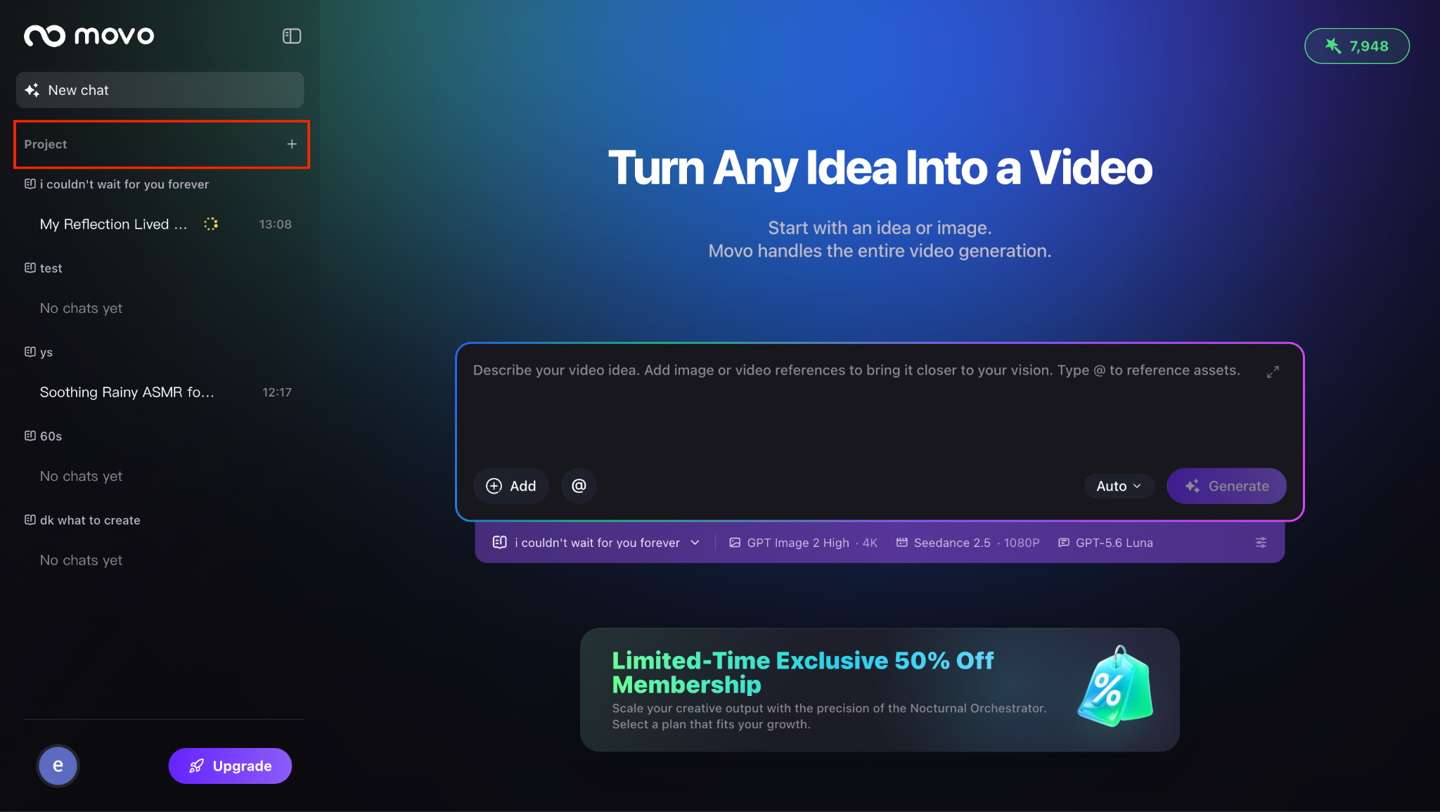 Movo AI workspace sidebar showing a new Project being created — the persistent workspace for one video, campaign, or series