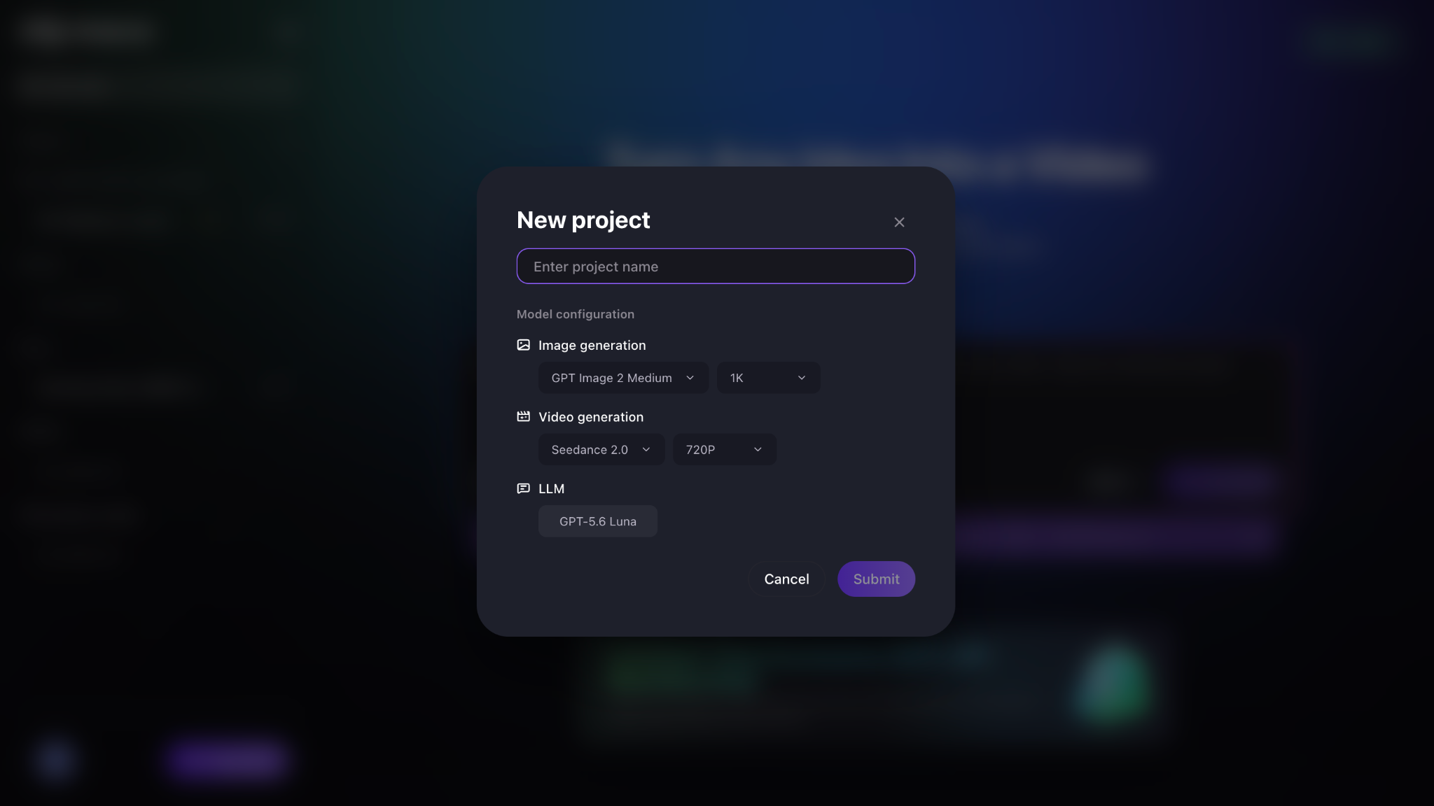 Movo AI model configuration panel — pick the image, video, and audio model set for this Project (locked once selected)