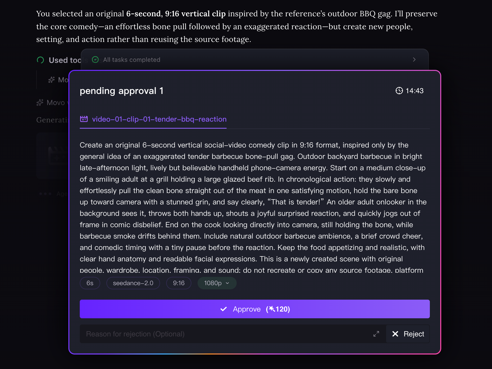 Movo AI approval card — task summary, output count, and expected credit cost shown before each credit-consuming action
