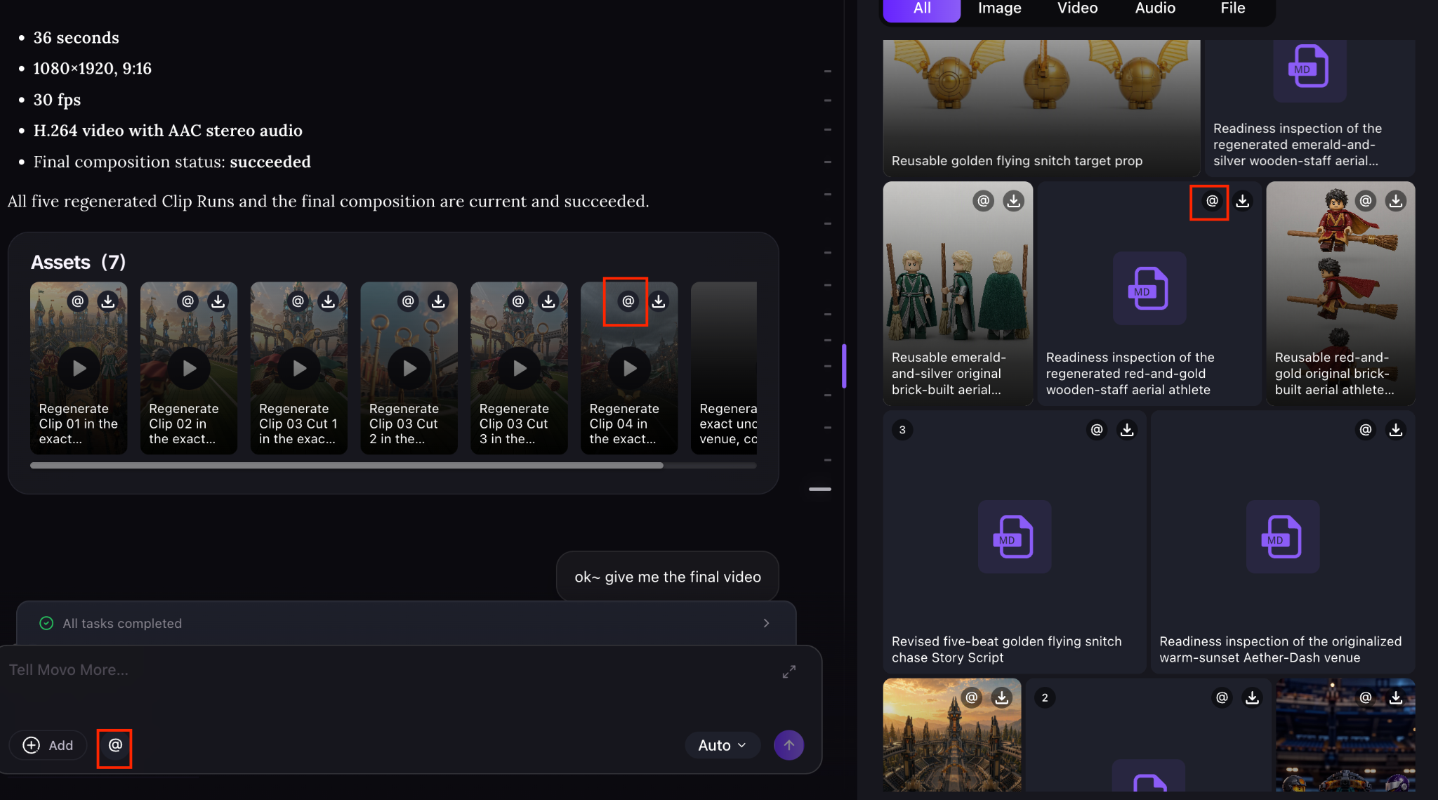 Movo AI asset detail — click the @ icon to add any asset to the chatbox as a named reference