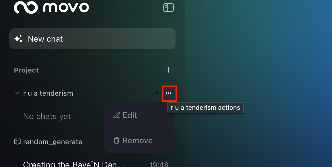 Movo AI Project management menu — rename Projects for easier navigation or remove Projects no longer needed