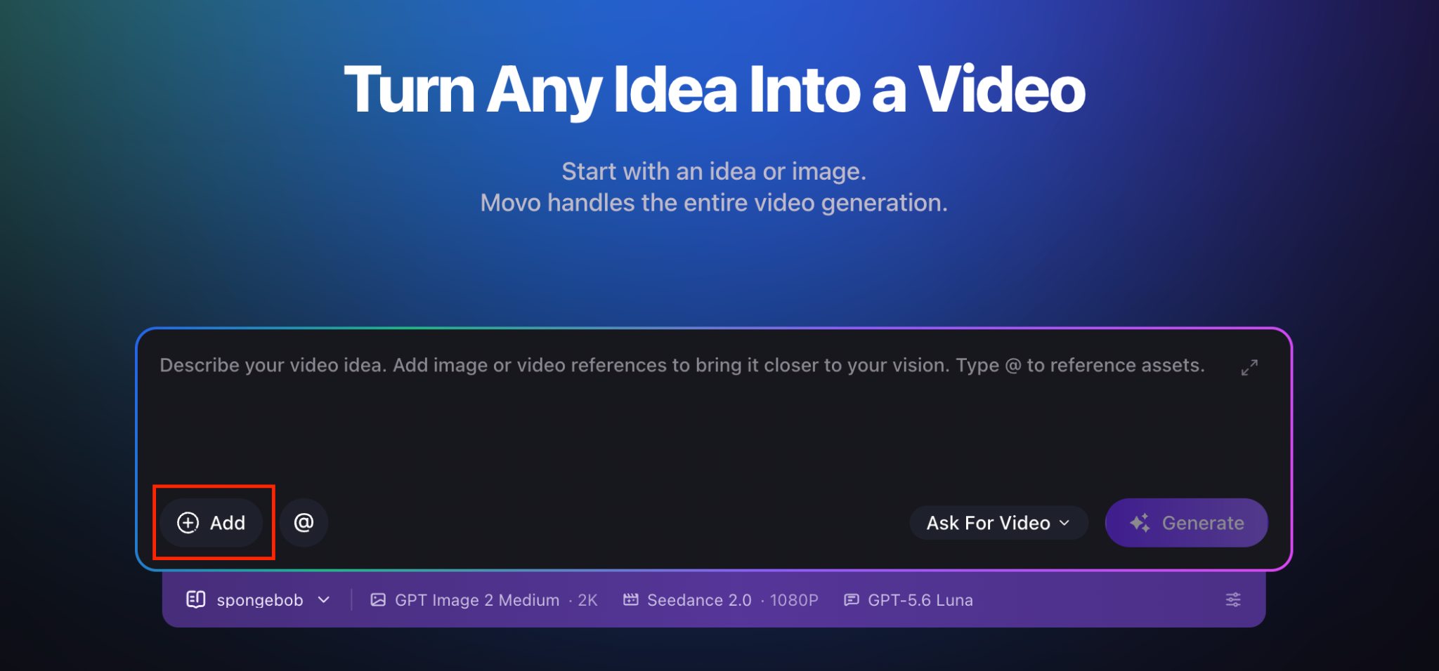 Movo AI chatbox — describe your video idea and click Add to upload reference materials