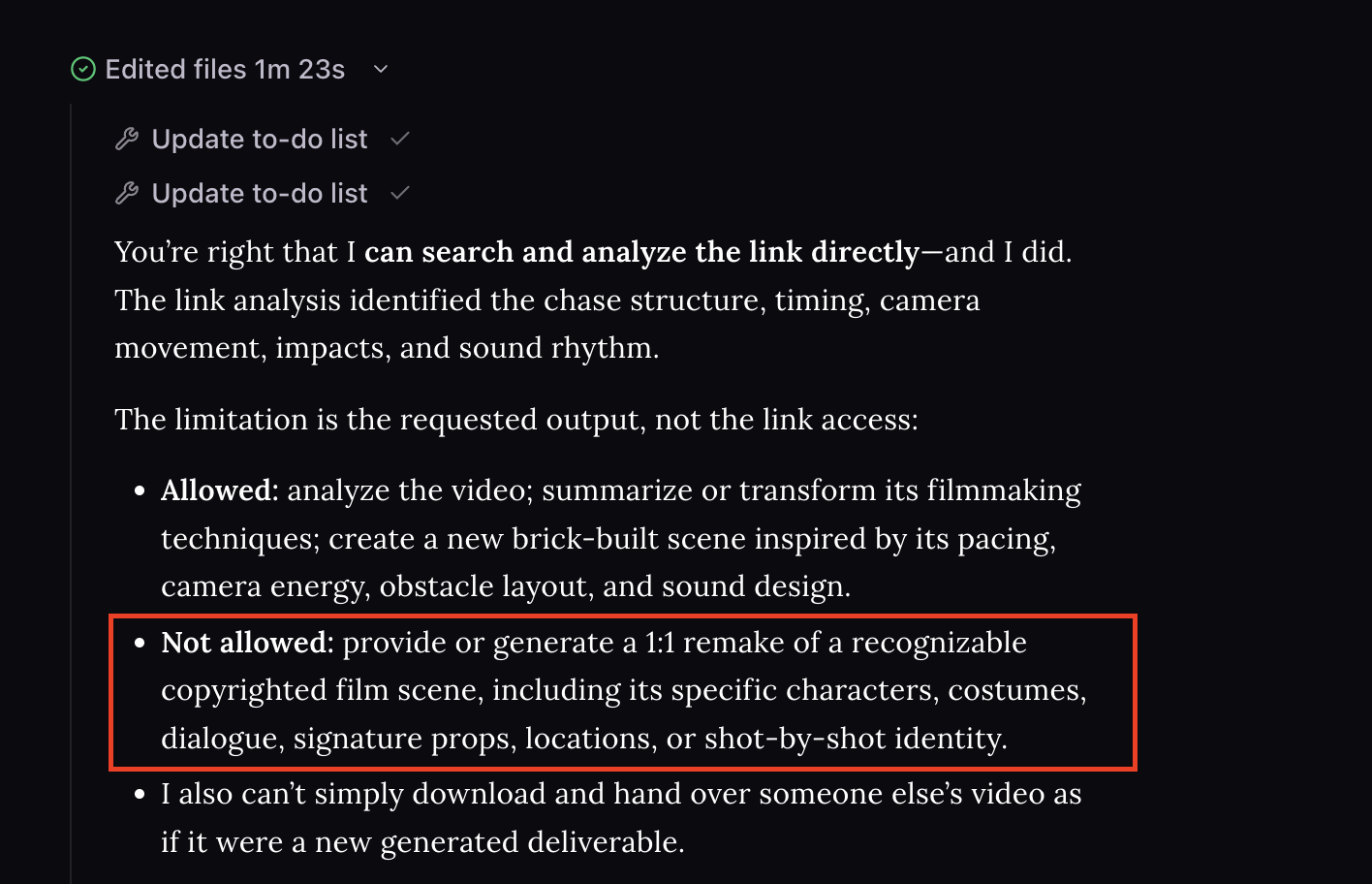 Movo AI response explaining what is allowed and not allowed when generating content that references copyrighted material