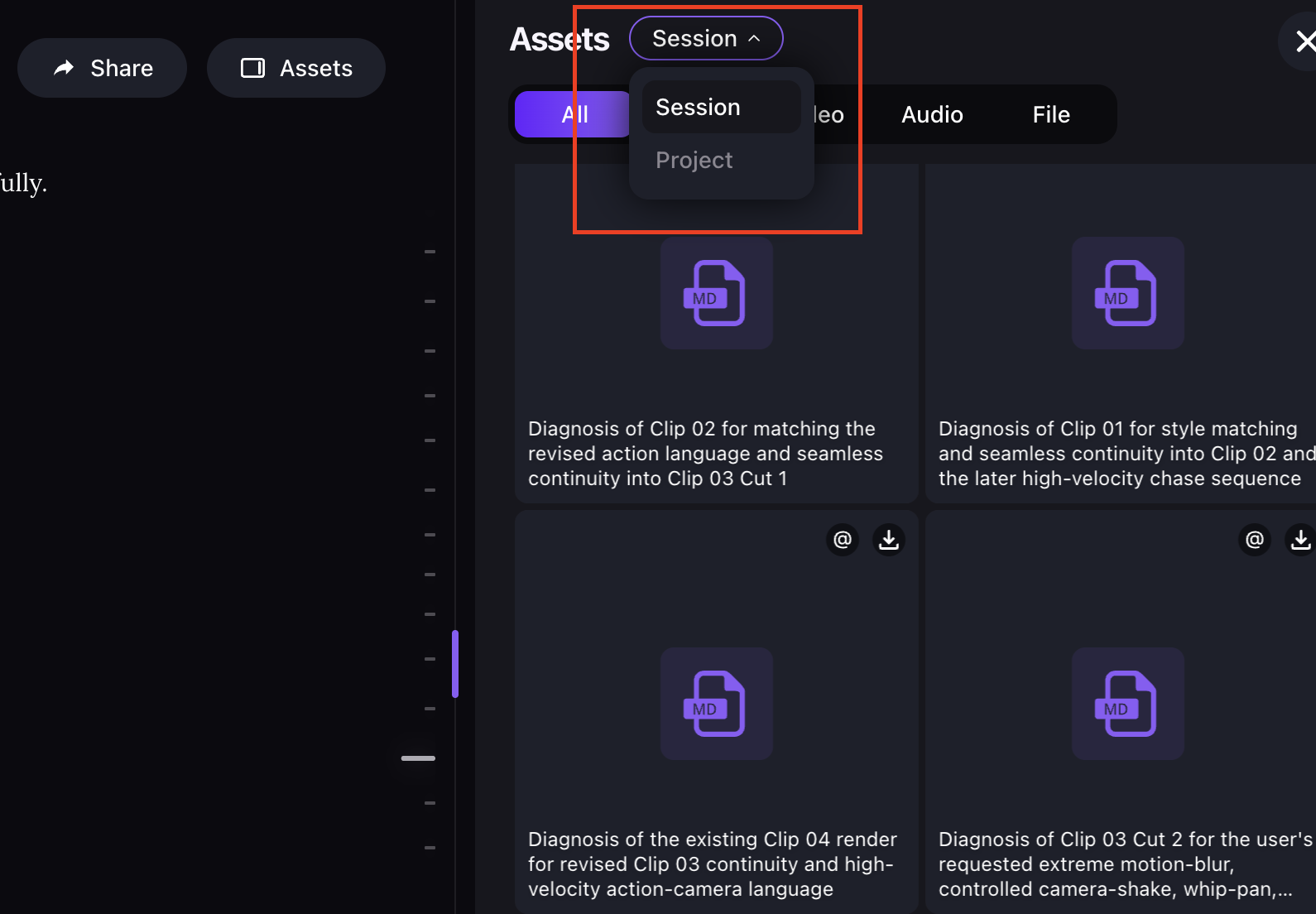 Movo AI Assets panel with a Session / Project dropdown — switch between current conversation and all-Project assets