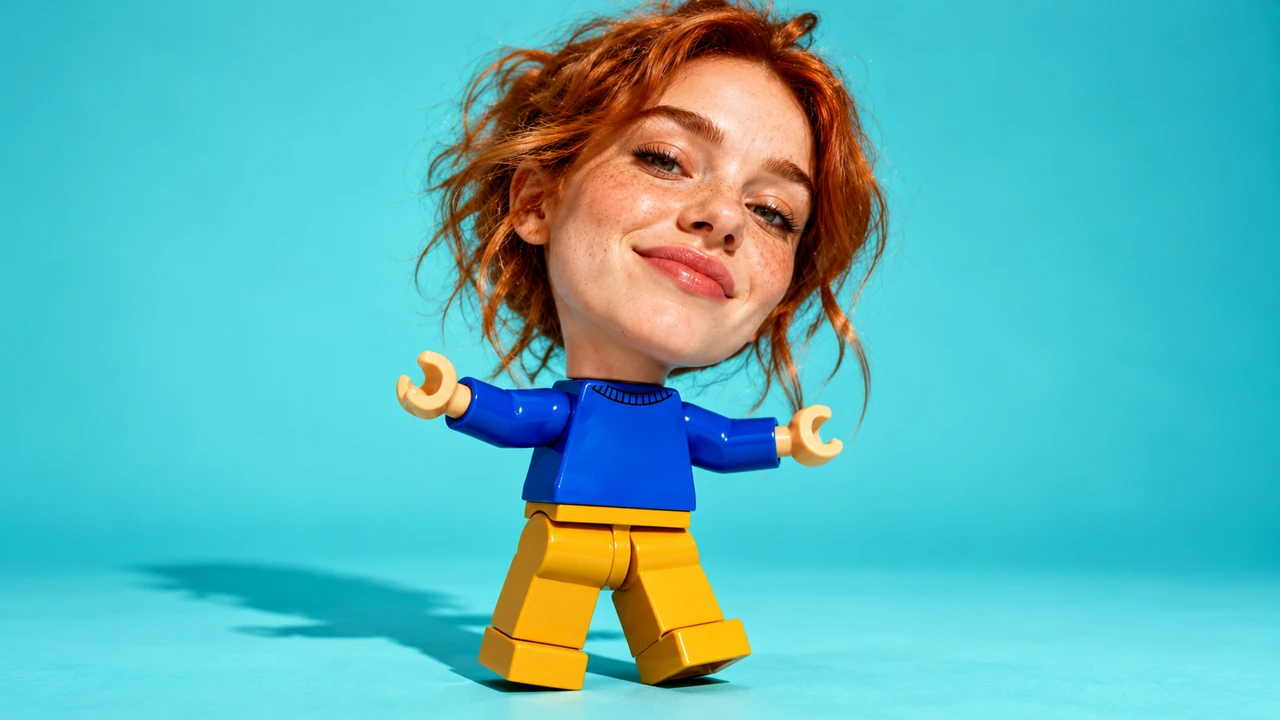 Creative toy figure with a red-haired woman’s face against a turquoise background