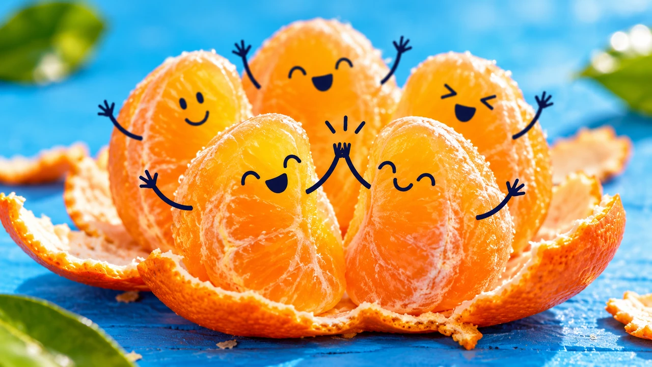 Smiling orange segments on a bright blue background