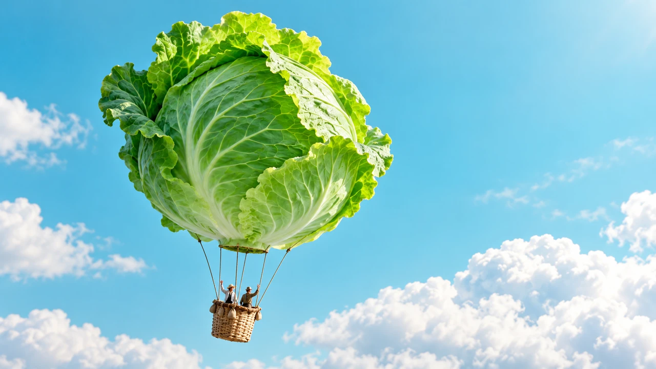 A cabbage-shaped hot-air balloon floating through a blue sky