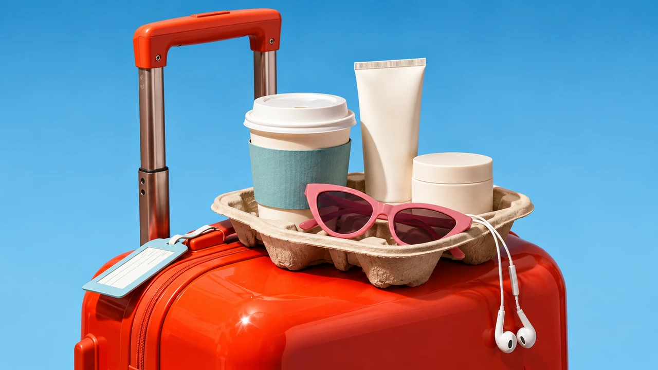 Travel essentials, coffee and skincare arranged on a red suitcase