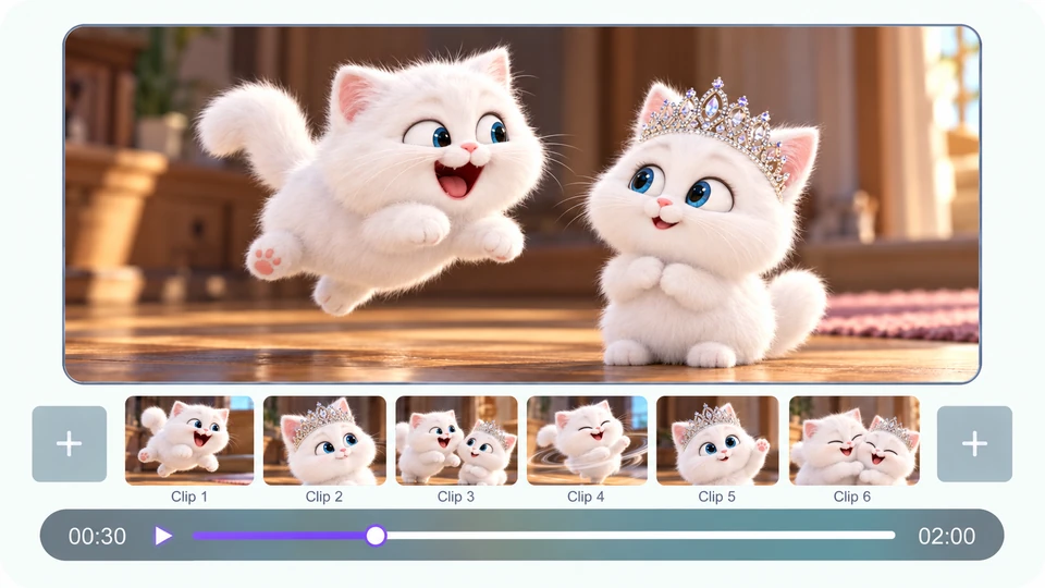 Two white cats and a six-clip MOVO AI timeline for refining a video with references