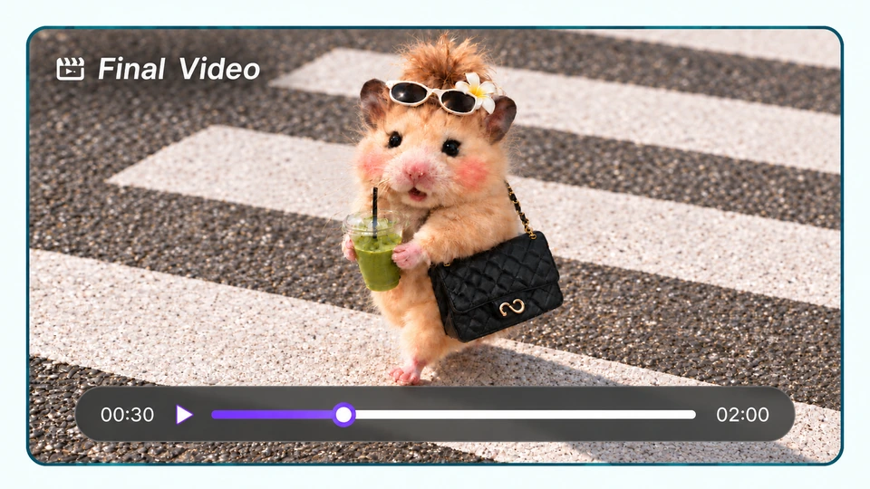 Final video preview of a hamster carrying a drink and handbag, with a playback timeline