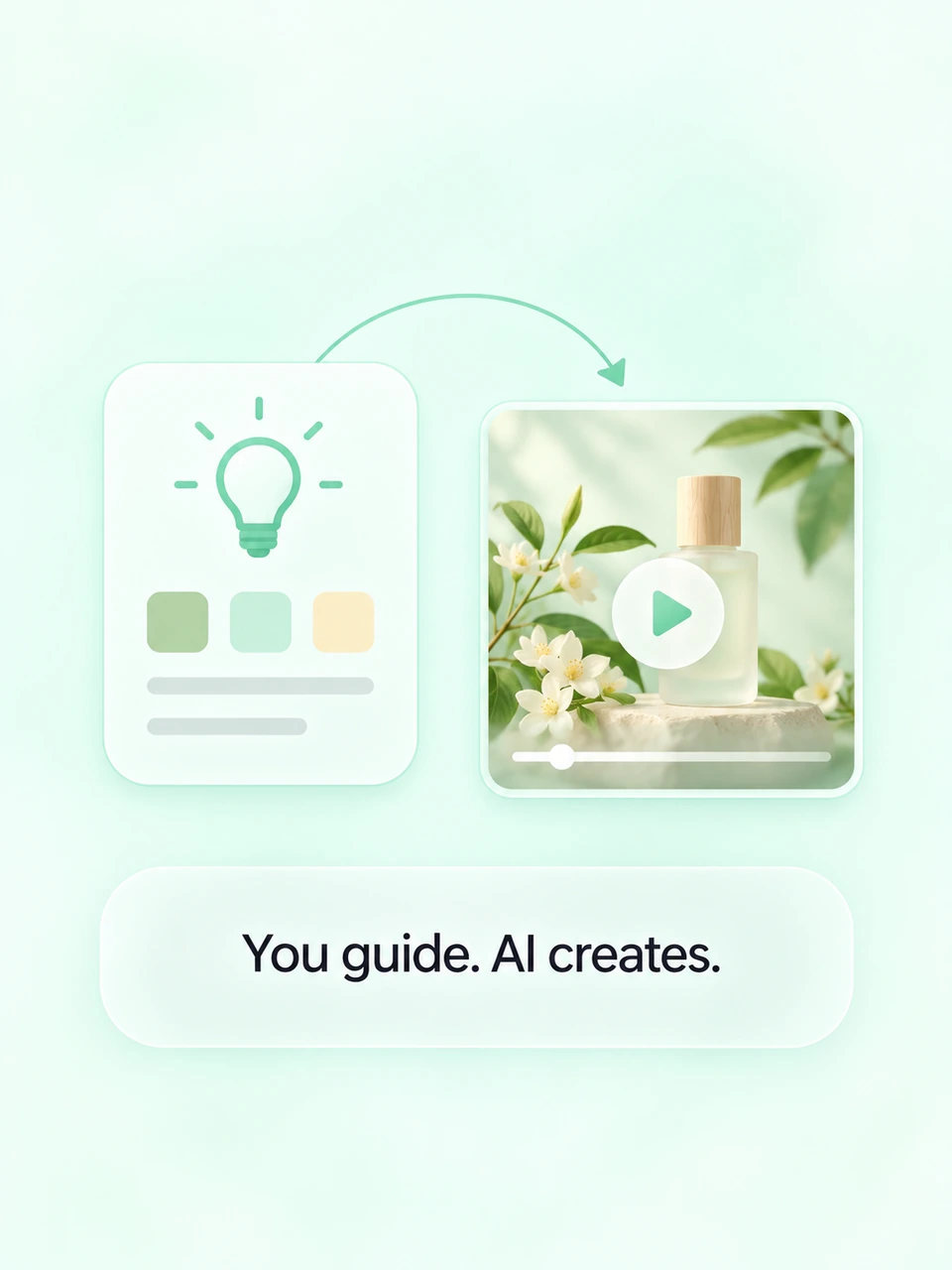 A creative concept transformed into a perfume video, with the message You guide. AI creates.