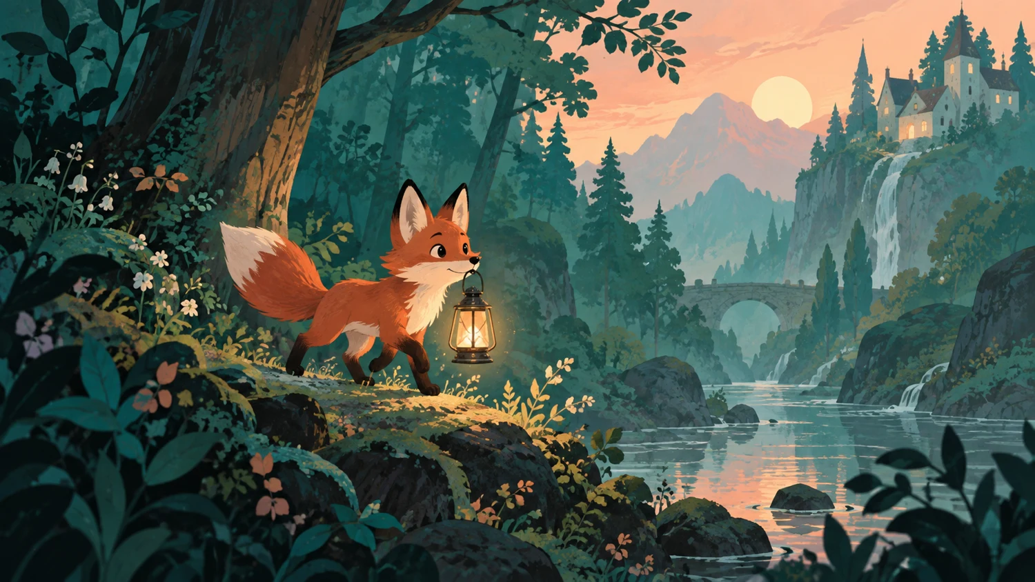 Hand-painted fox in a botanical forest
