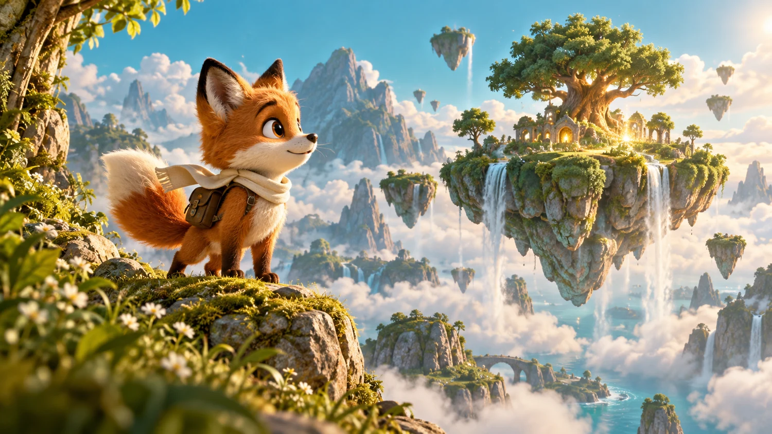 Concept illustration of a fox explorer on a floating island