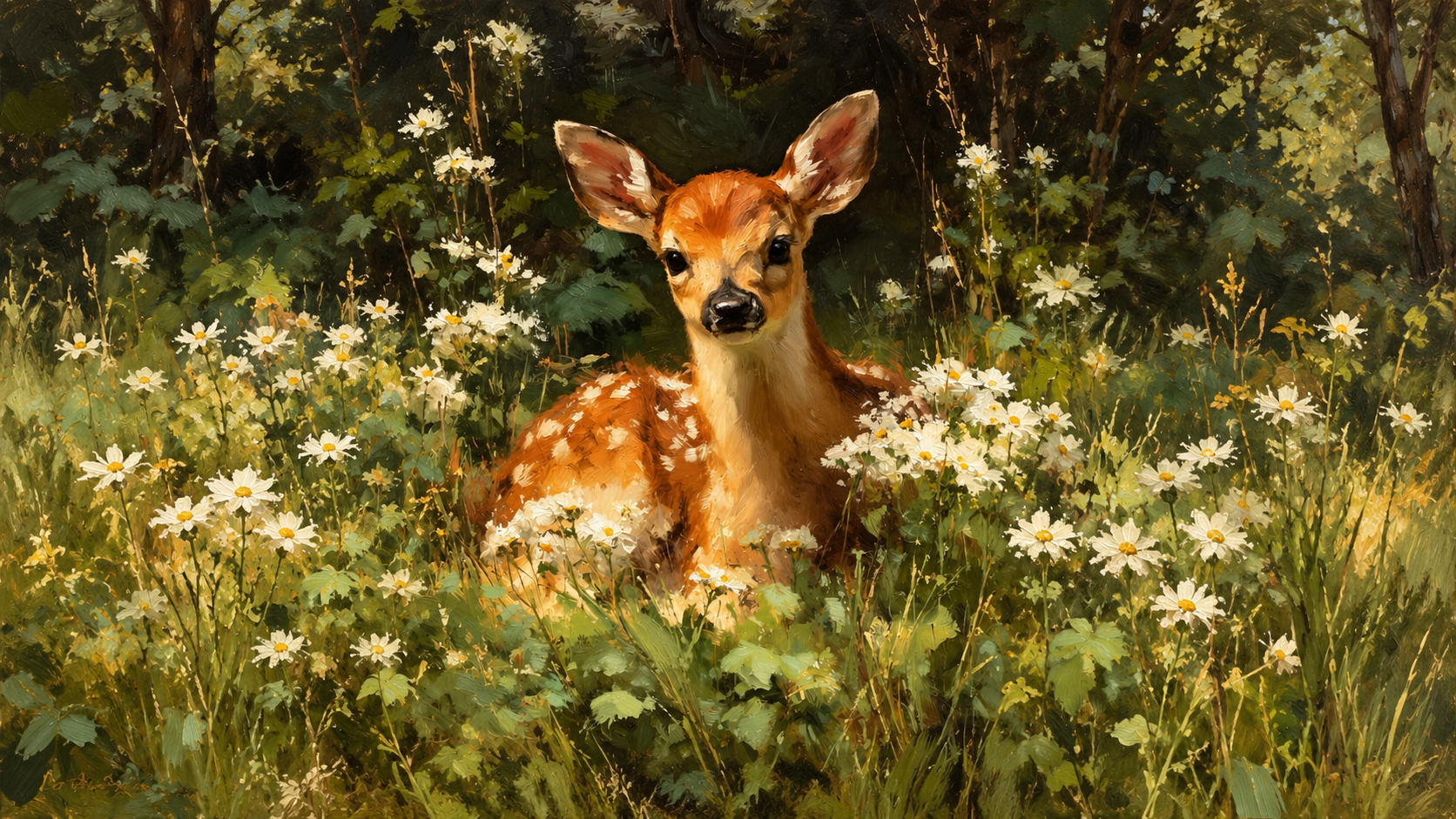 Painterly fawn resting among daisies in a sunlit woodland
