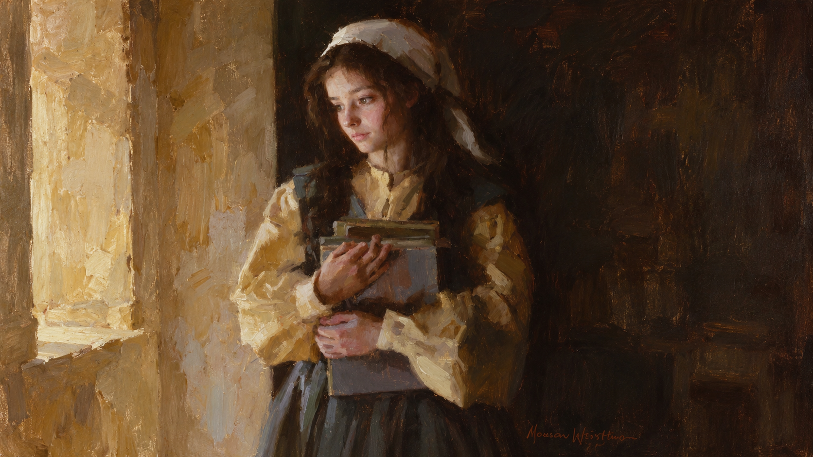 Oil painting of a young woman holding books beside a sunlit window