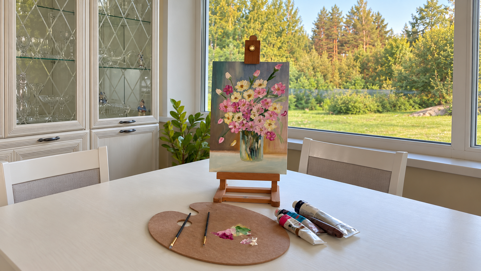 A floral painting on a tabletop easel beside a palette and paints in a sunlit room