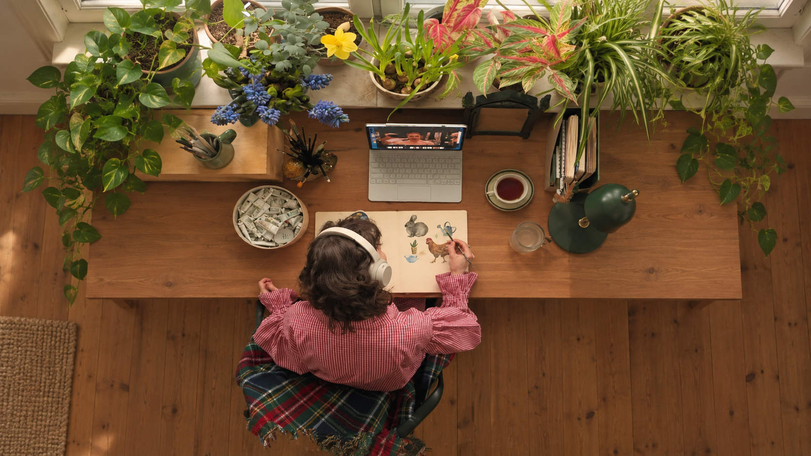 Overhead view of an artist painting at a desk surrounded by plants