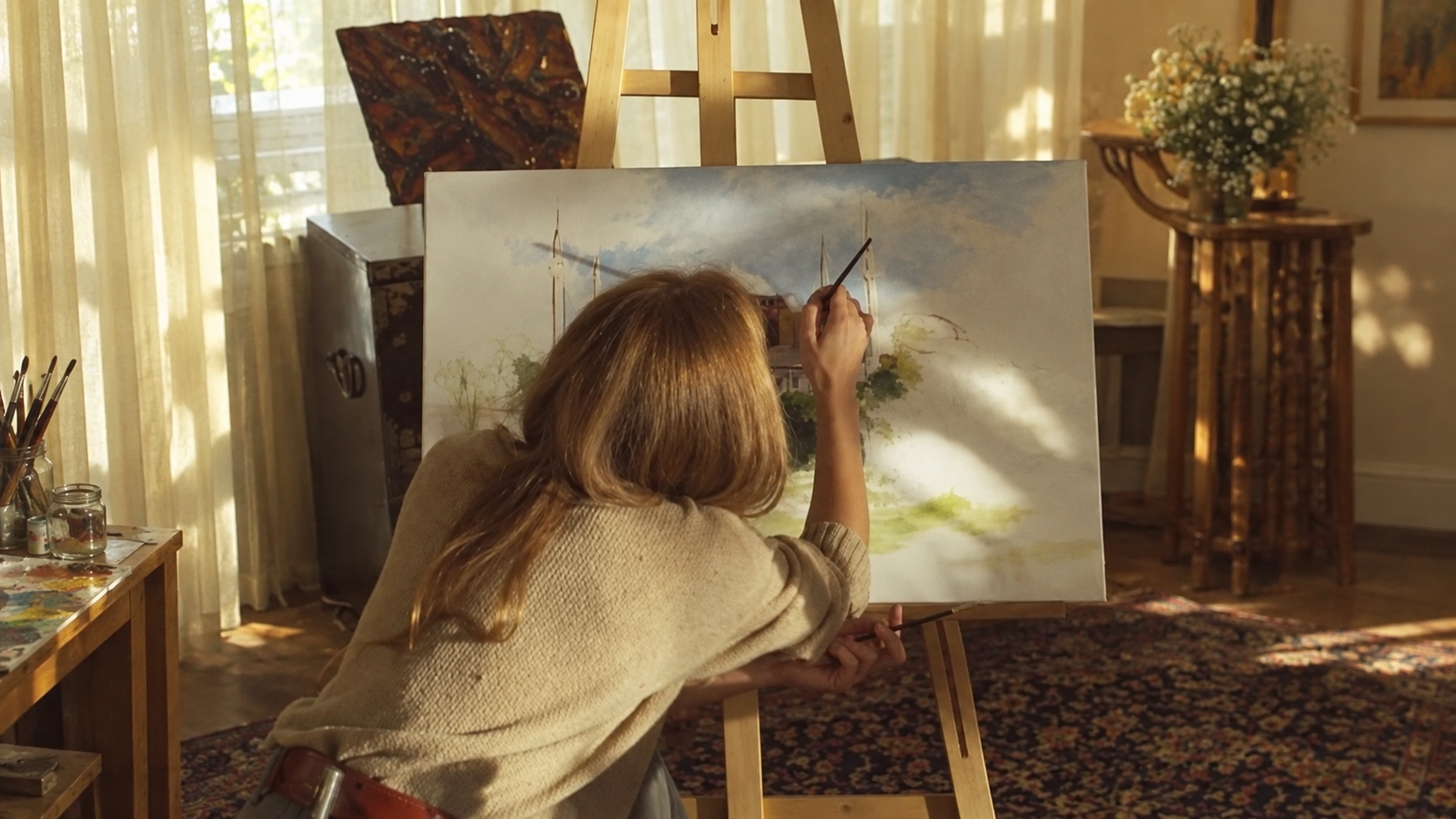 An artist painting at an easel in a sunlit studio