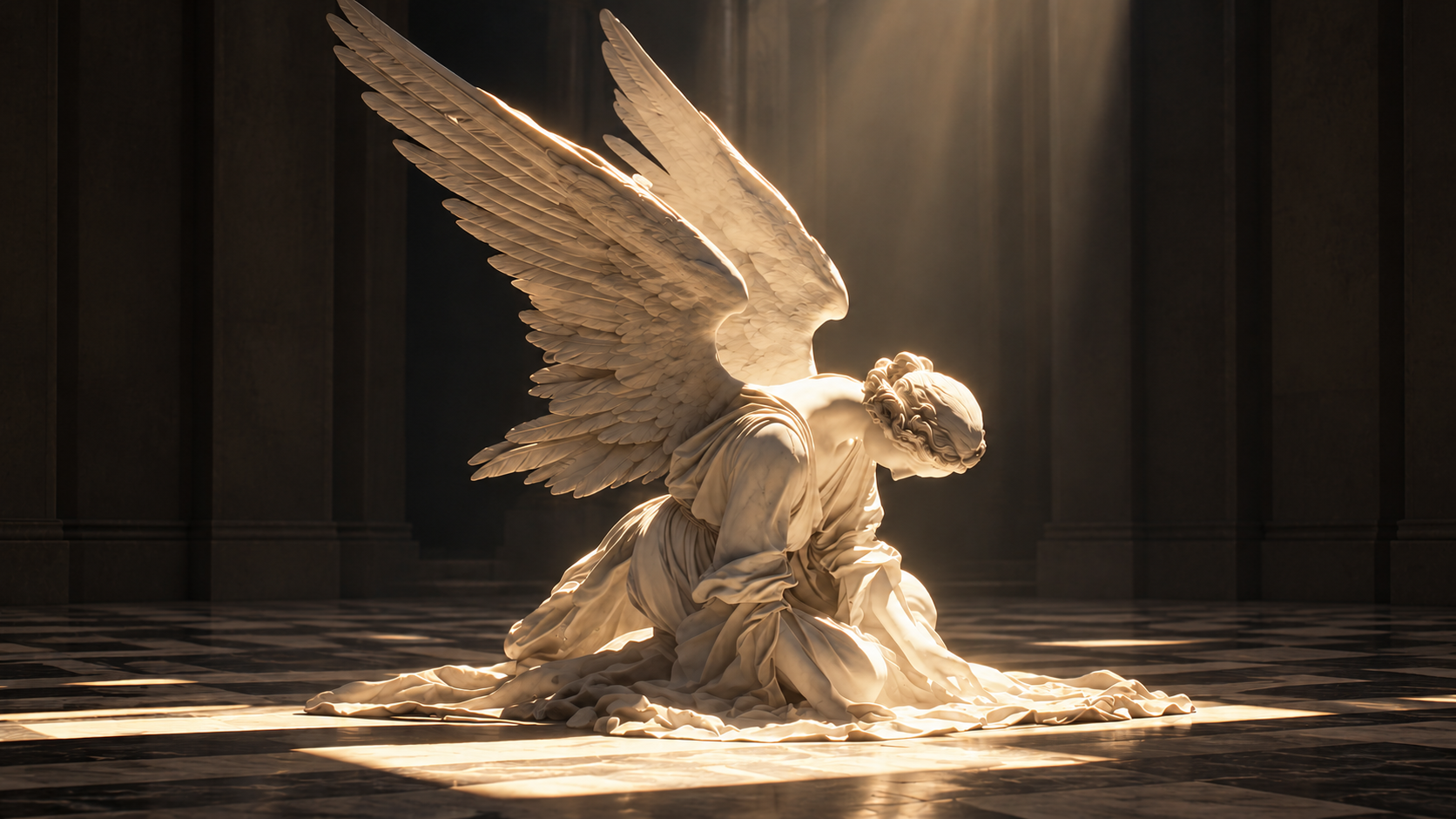 A winged marble angel sculpture illuminated by warm sunlight
