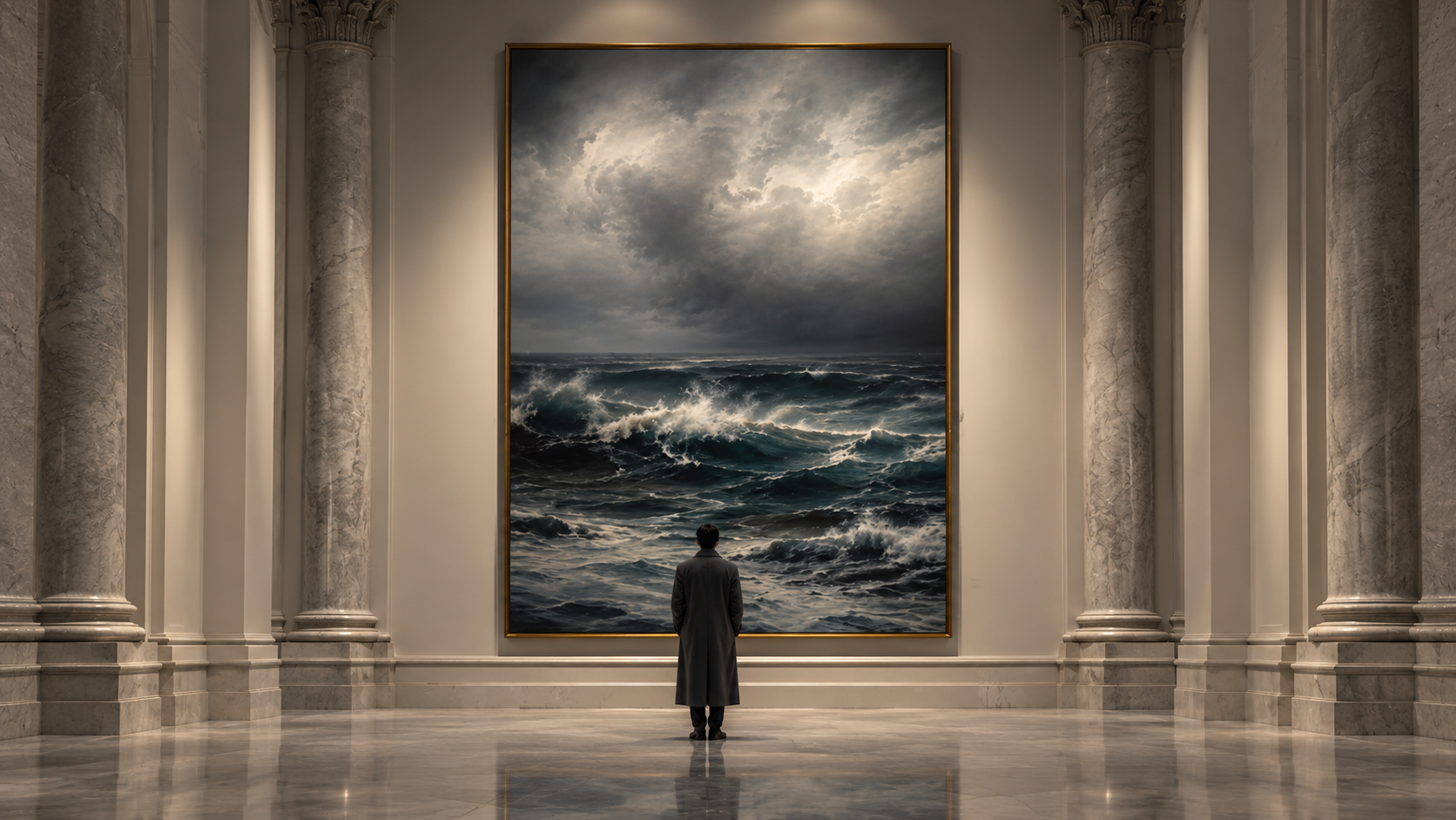 A visitor viewing a dramatic ocean painting in a grand gallery