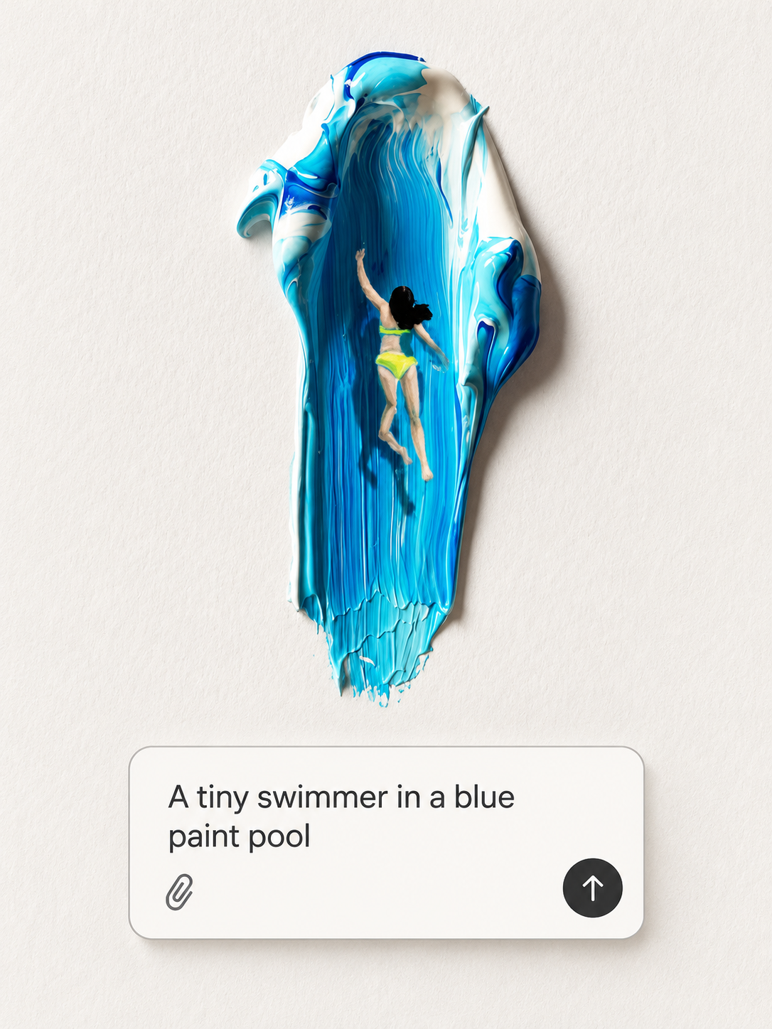 A tiny swimmer in a blue paint pool with a text prompt describing the idea