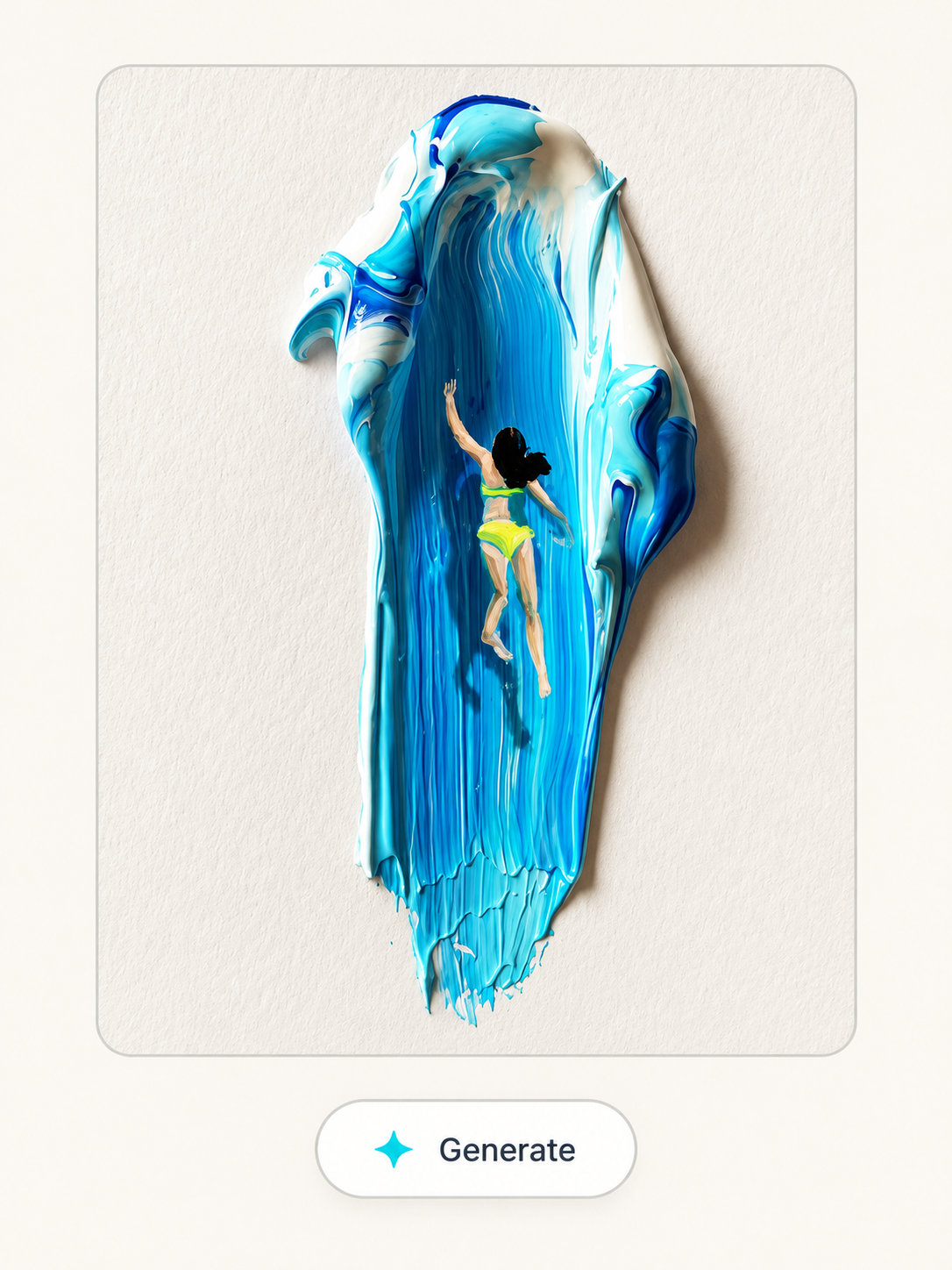 Blue paint pool artwork with a tiny swimmer and a Generate button