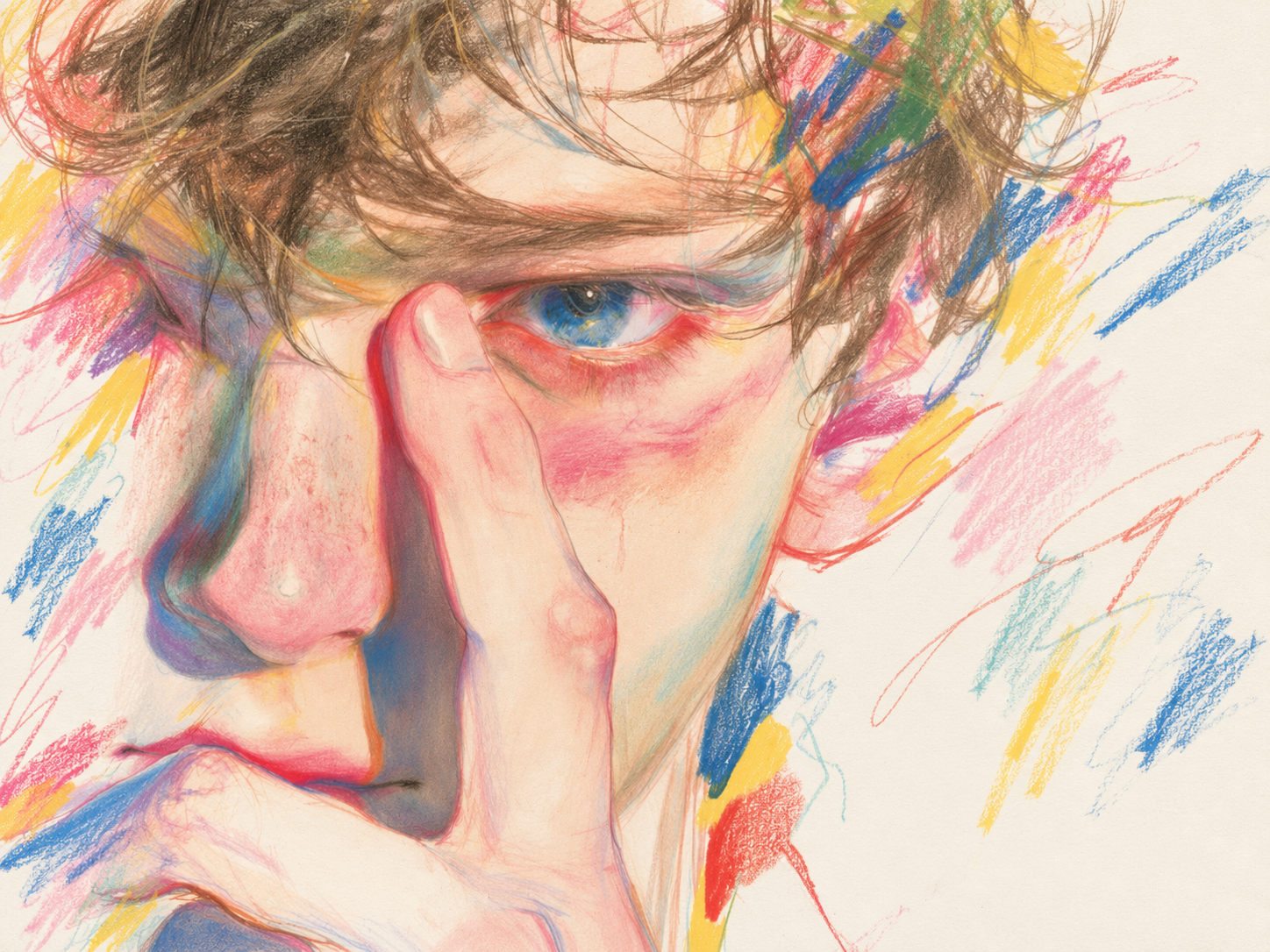 Colorful pencil portrait of a character with a blue eye and a hand near the face