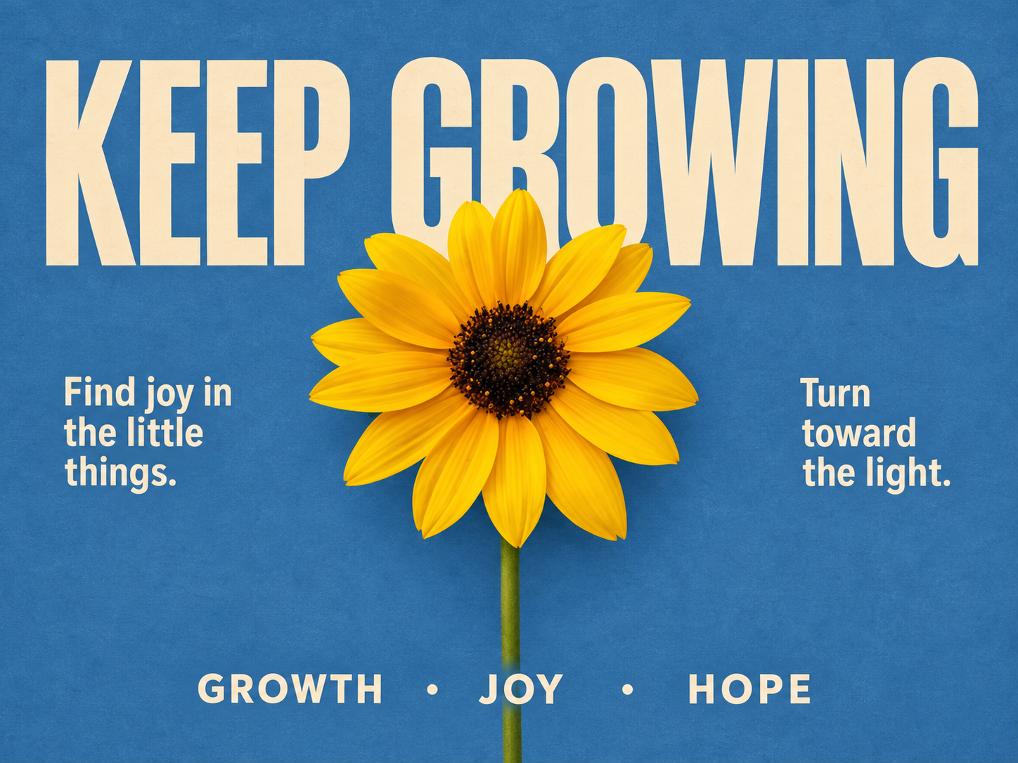 Blue cover artwork with a yellow sunflower and the words Keep Growing