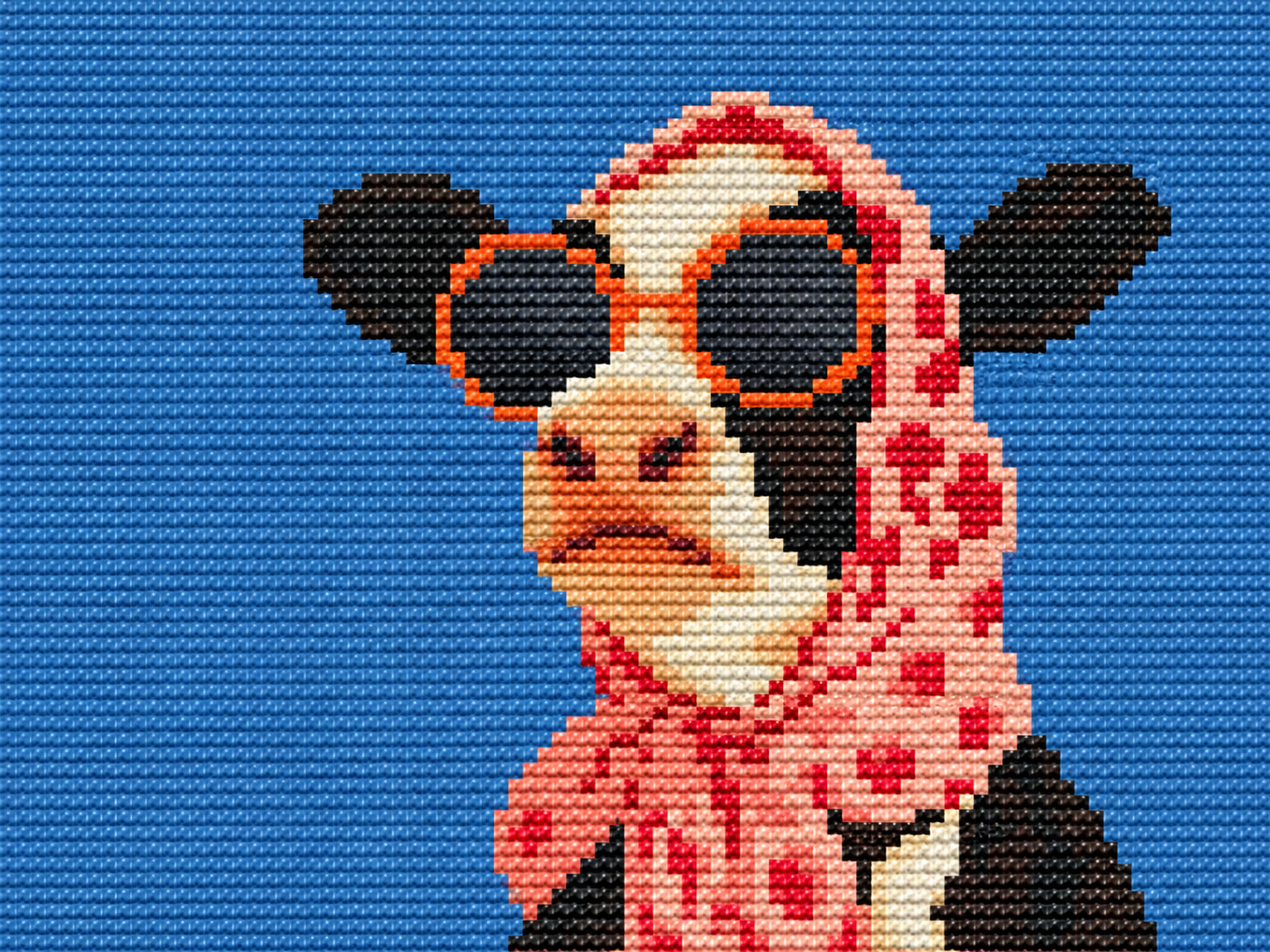 Pixel-style cow wearing orange sunglasses and a pink headscarf against a blue background