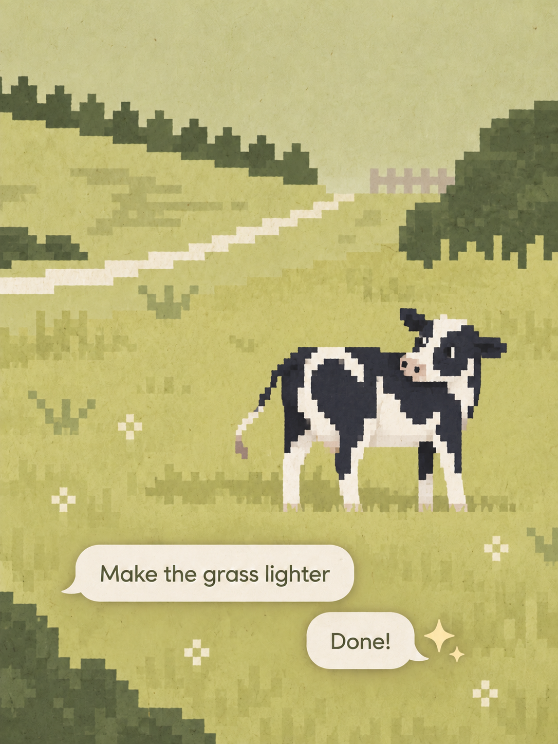 Pixel-art cow in a meadow with a chat request to make the grass lighter