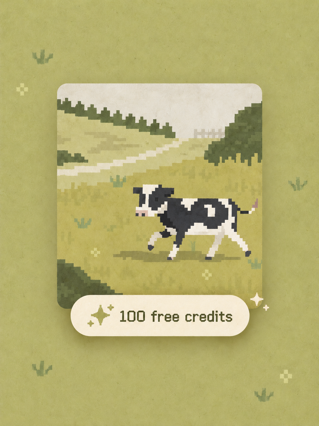 Pixel-art cow in a meadow with a 100 free credits label