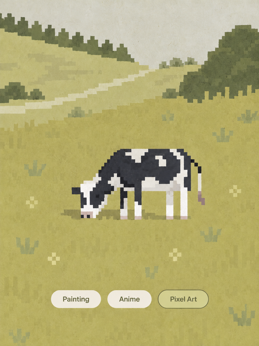 Pixel-art cow in a meadow with Painting, Anime, and Pixel Art style choices