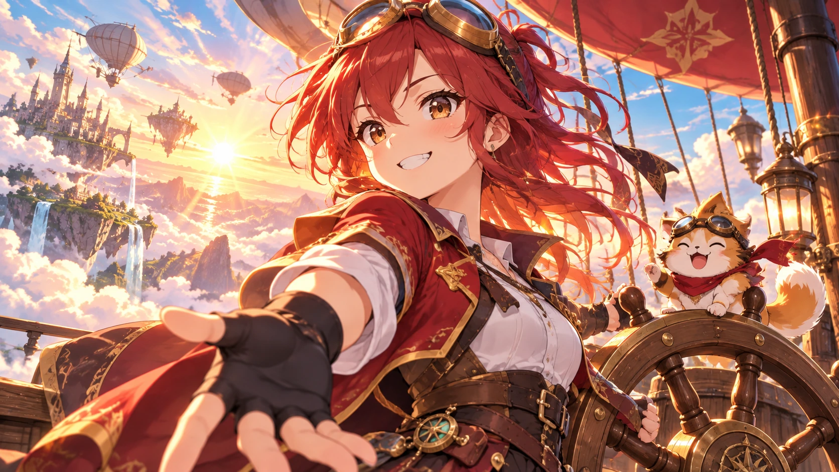Red-haired airship captain and her cat above floating islands