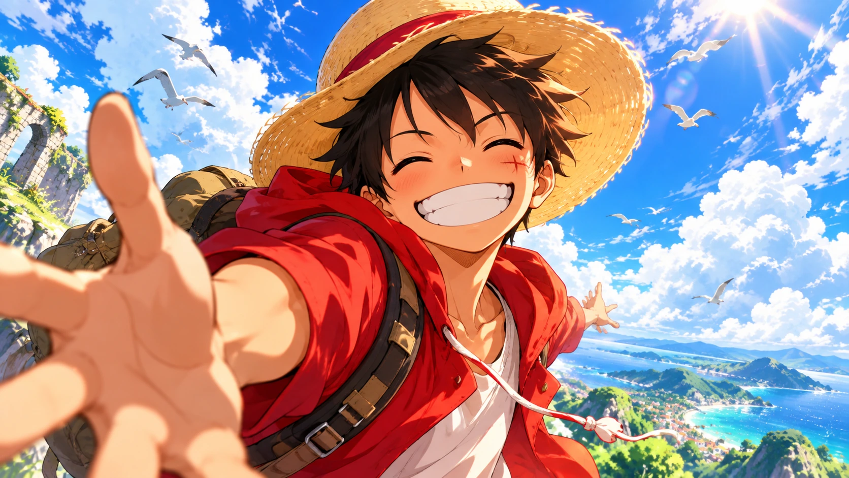 Smiling straw-hat adventurer beneath a bright blue sky