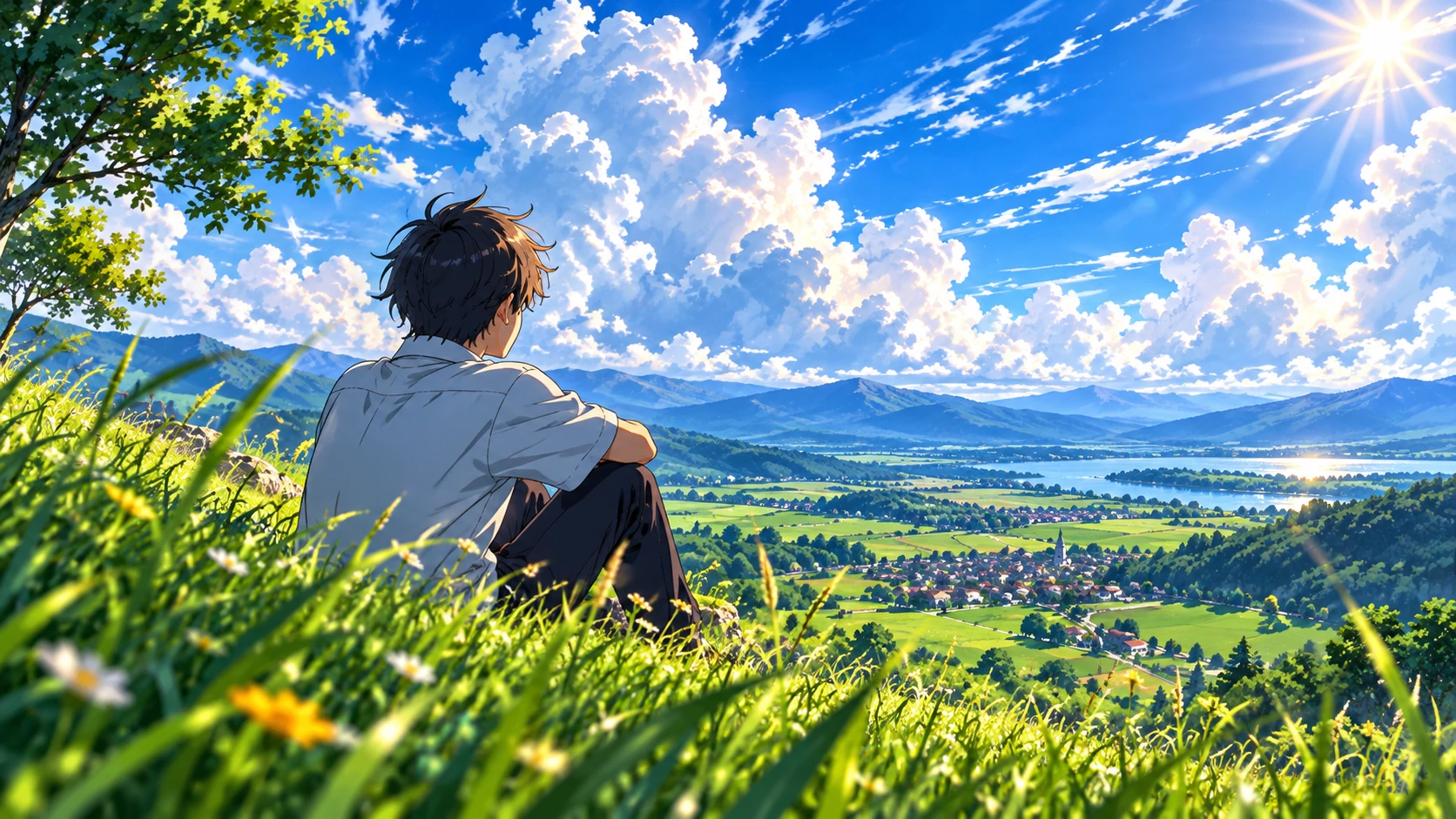 Anime character overlooking a green valley and lake