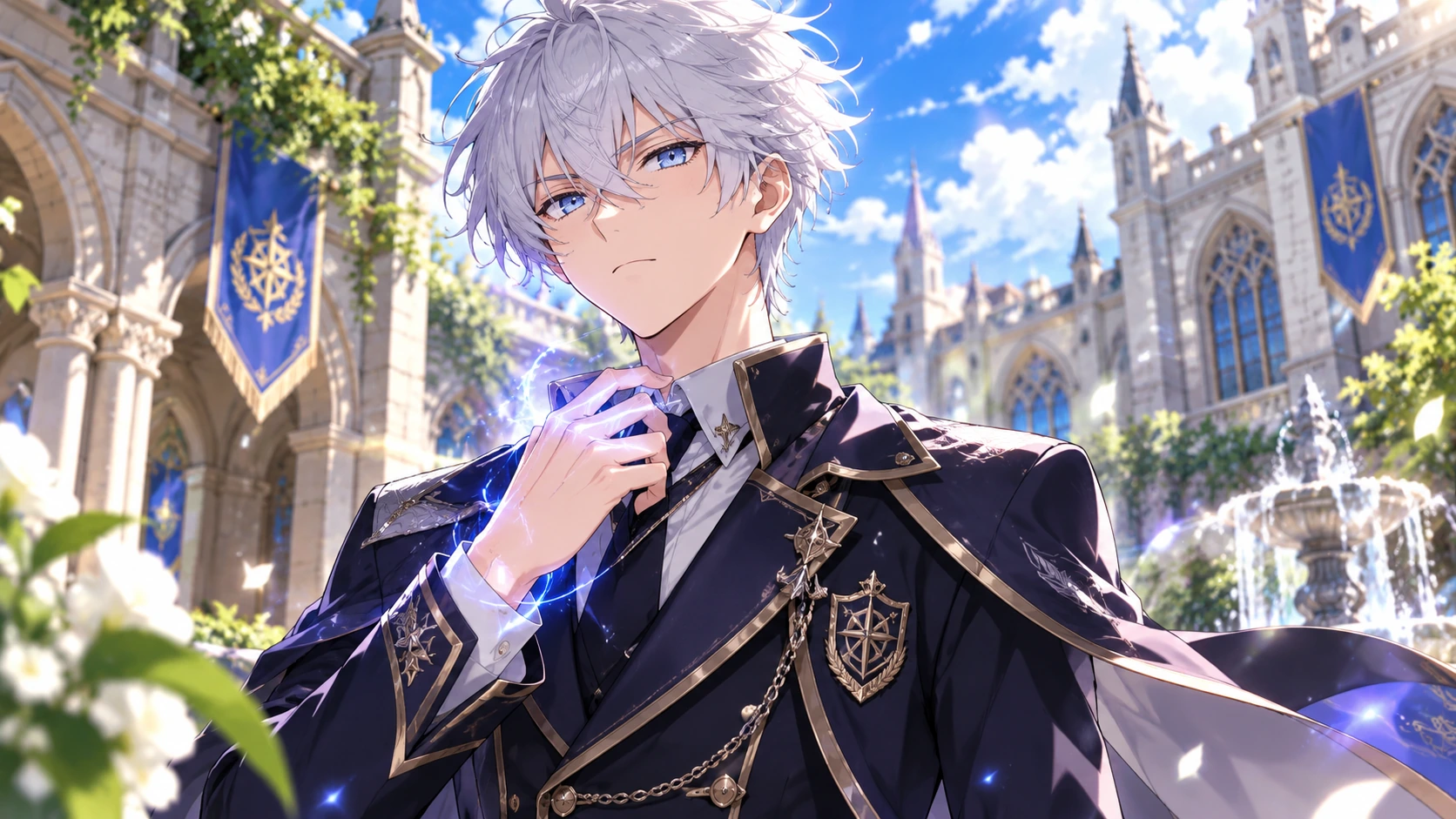 Silver-haired character in a sunlit academy courtyard