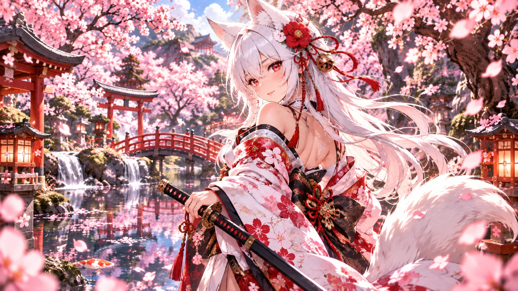 White-haired fox character among cherry blossoms