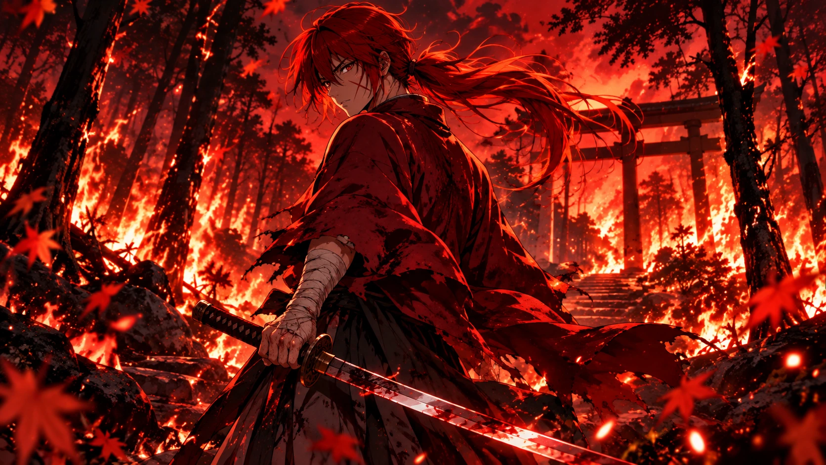 Red-haired swordsman in a fiery forest