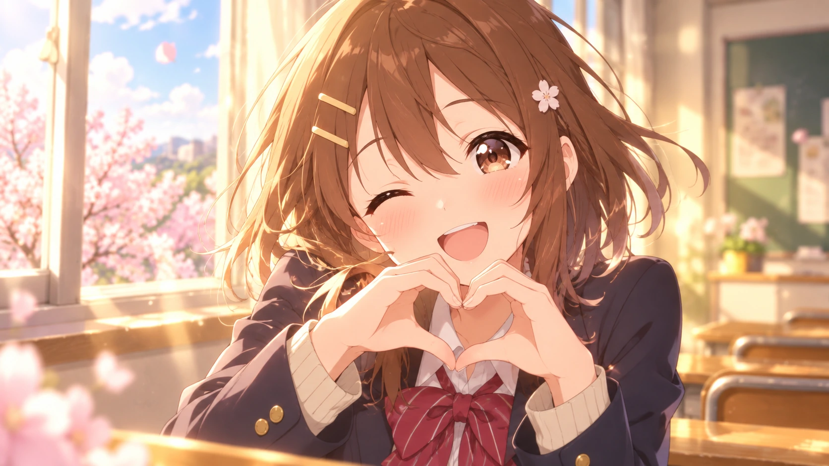 Anime girl making a heart gesture in a sunlit classroom