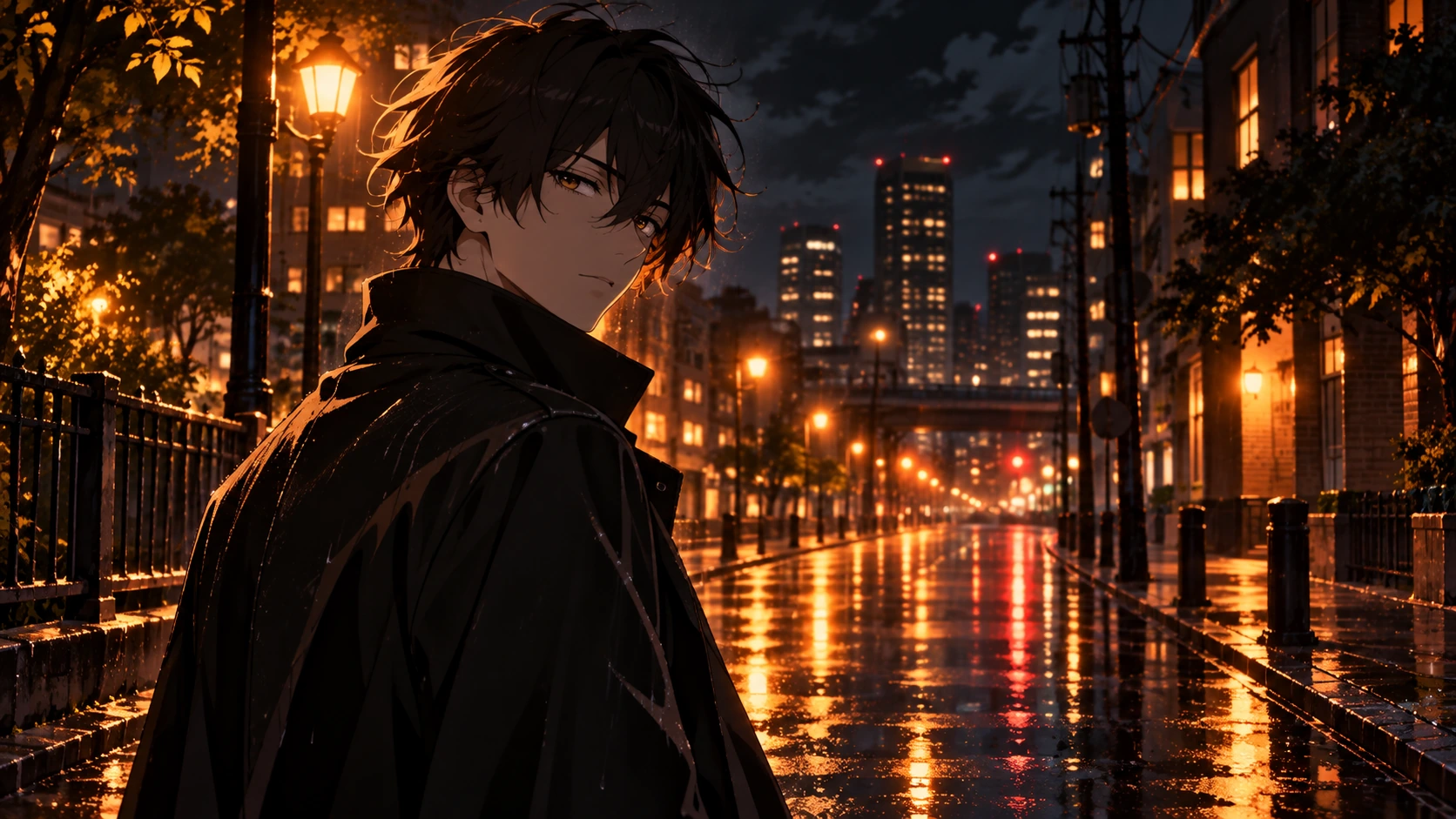Dark-haired anime character on a rain-soaked city street at night