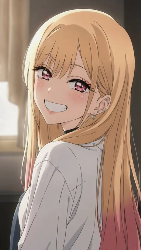 Smiling blonde anime character with pink eyes looking over her shoulder