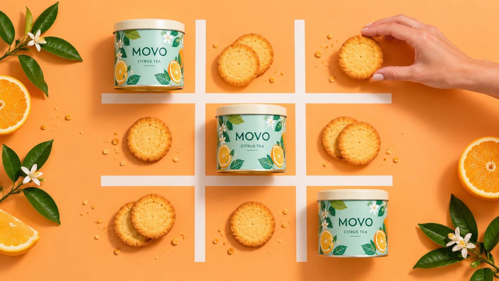 MOVO citrus tea tins and cookies arranged on an orange grid