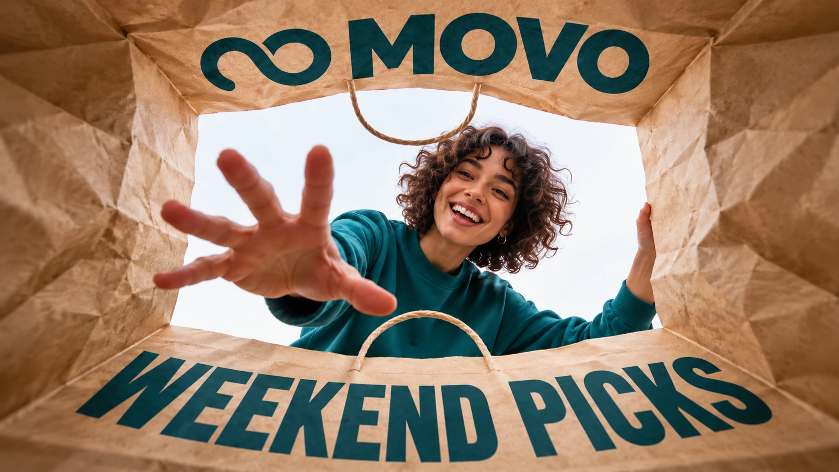 Woman reaching into a MOVO Weekend Picks shopping bag