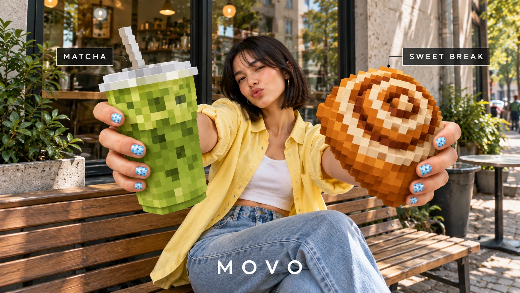 Woman holding pixel-style matcha and pastry outside a cafe