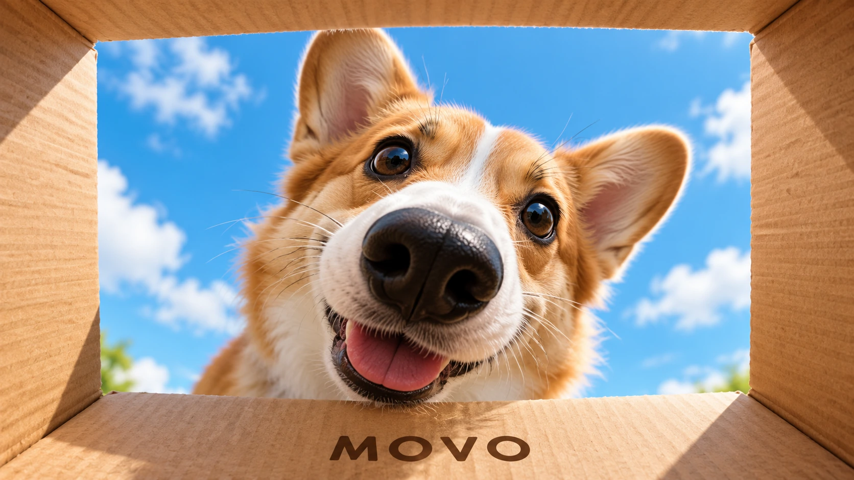 Corgi looking into a MOVO cardboard box