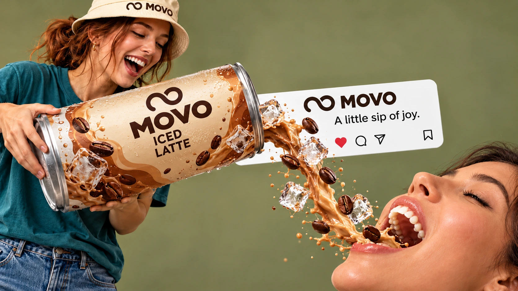 MOVO iced latte pouring in a playful oversized coffee advertisement