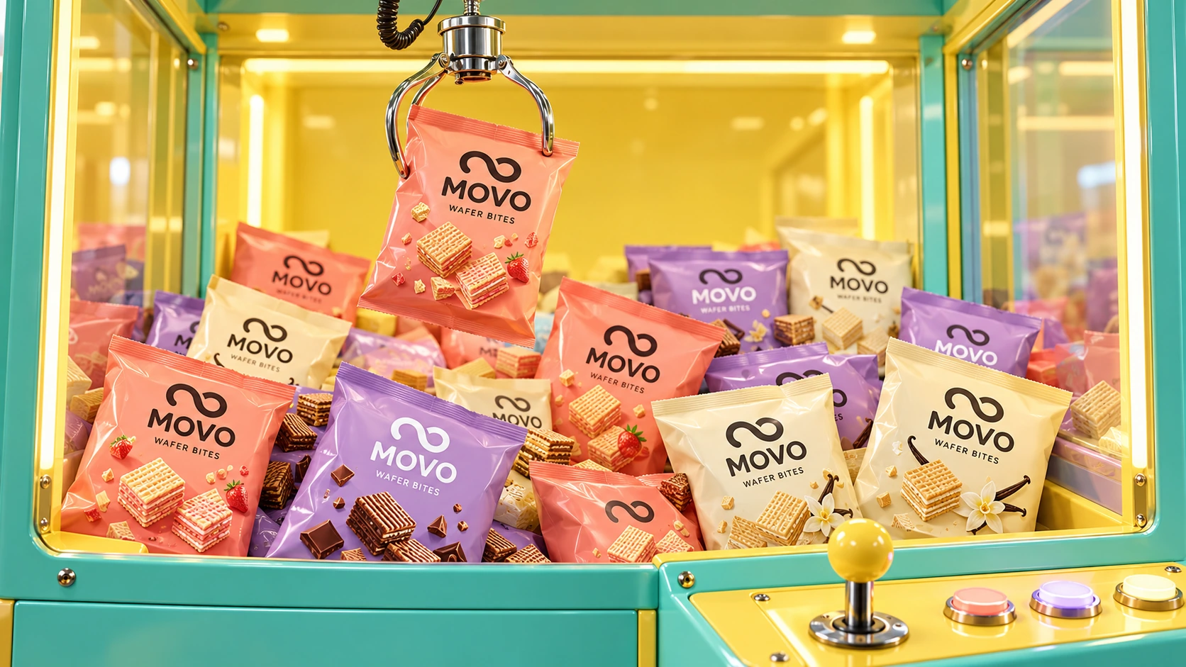 MOVO wafer snack packs inside a colorful claw machine