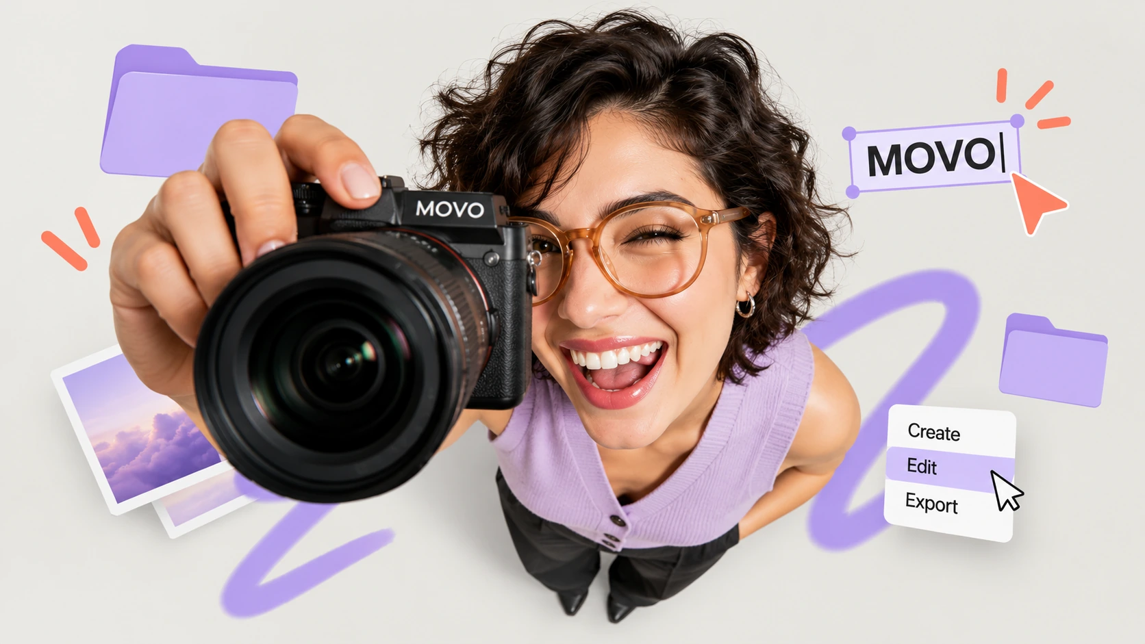 Photographer holding a MOVO camera surrounded by creative editing graphics