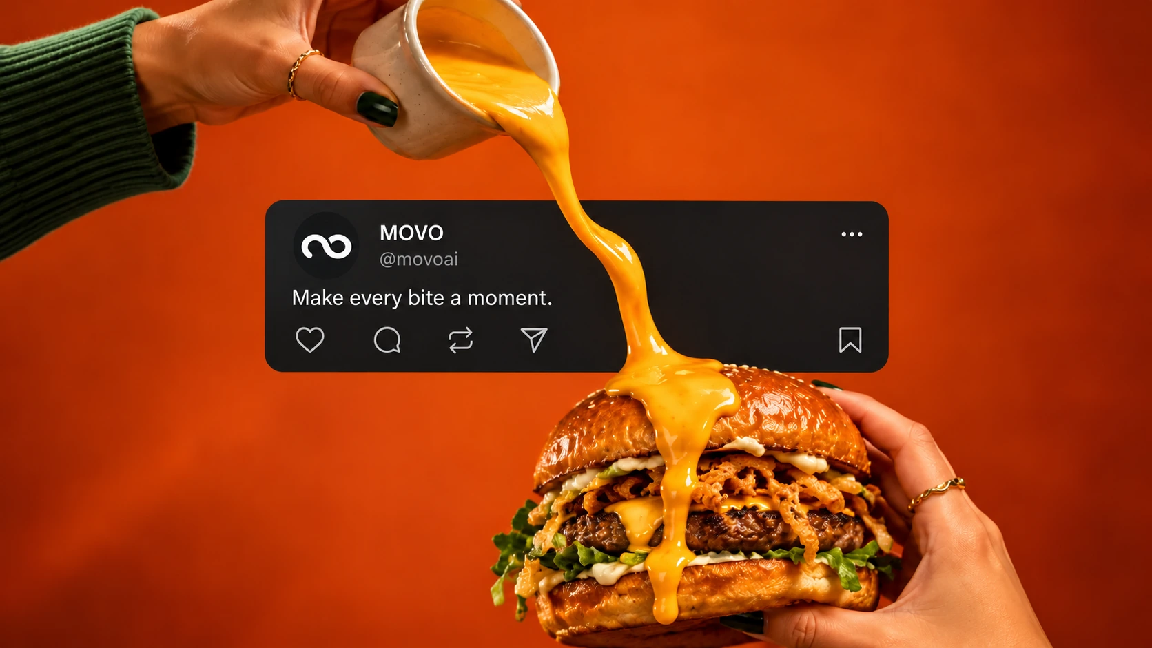 Cheese sauce pouring onto a burger beside a MOVO social post